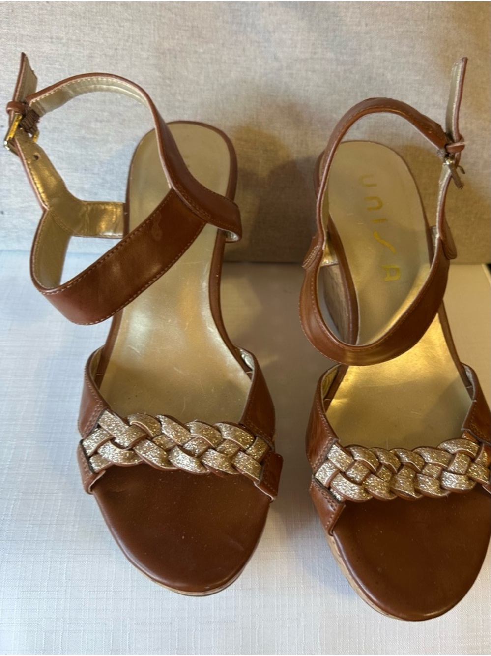 Unisa Brown Leather Braided-Accent Ankle Strap Sandals